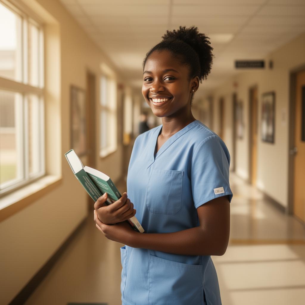 CNA student in scrubs holding textbooks at a Southeast Michigan community college — a potential Adair Caregiver Scholarship recipient