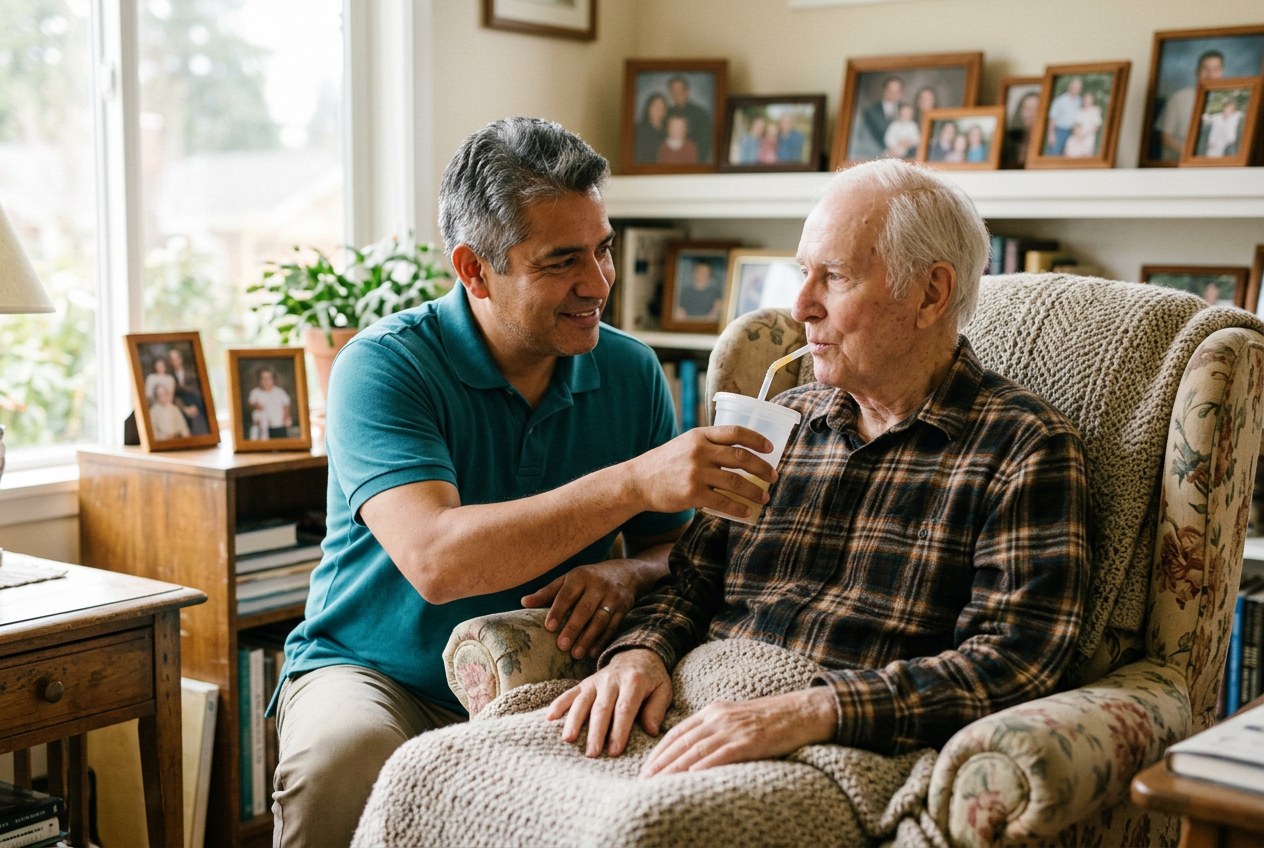 Caregiver in a teal polo helping a senior man with ALS sip from a flexible-straw cup in his living room armchair