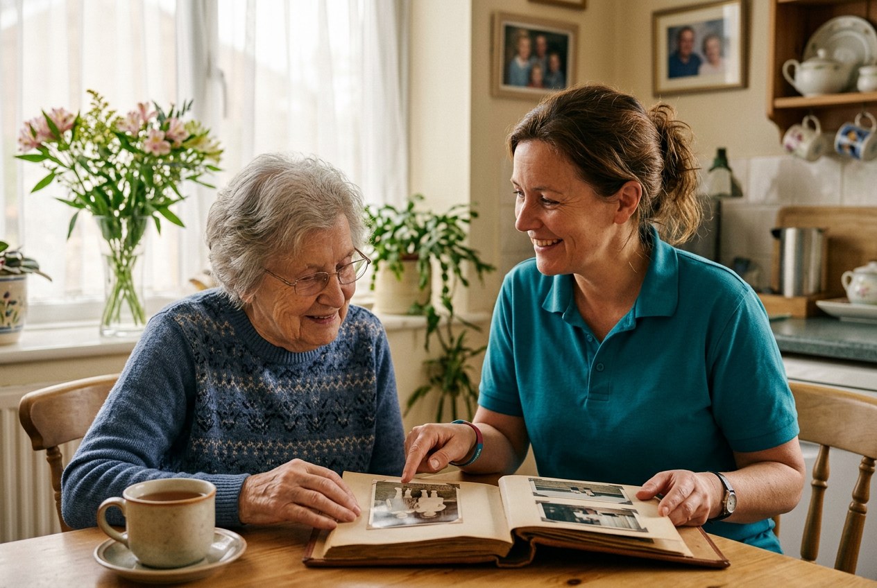 Caregiver in a teal polo sitting at a kitchen table with a senior woman looking through a family photo album in soft window light