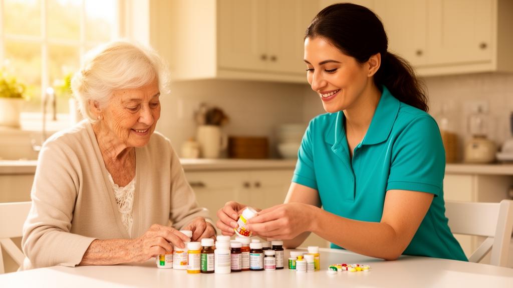 Care professional in a teal polo giving medication reminders at a Southeast Michigan kitchen table