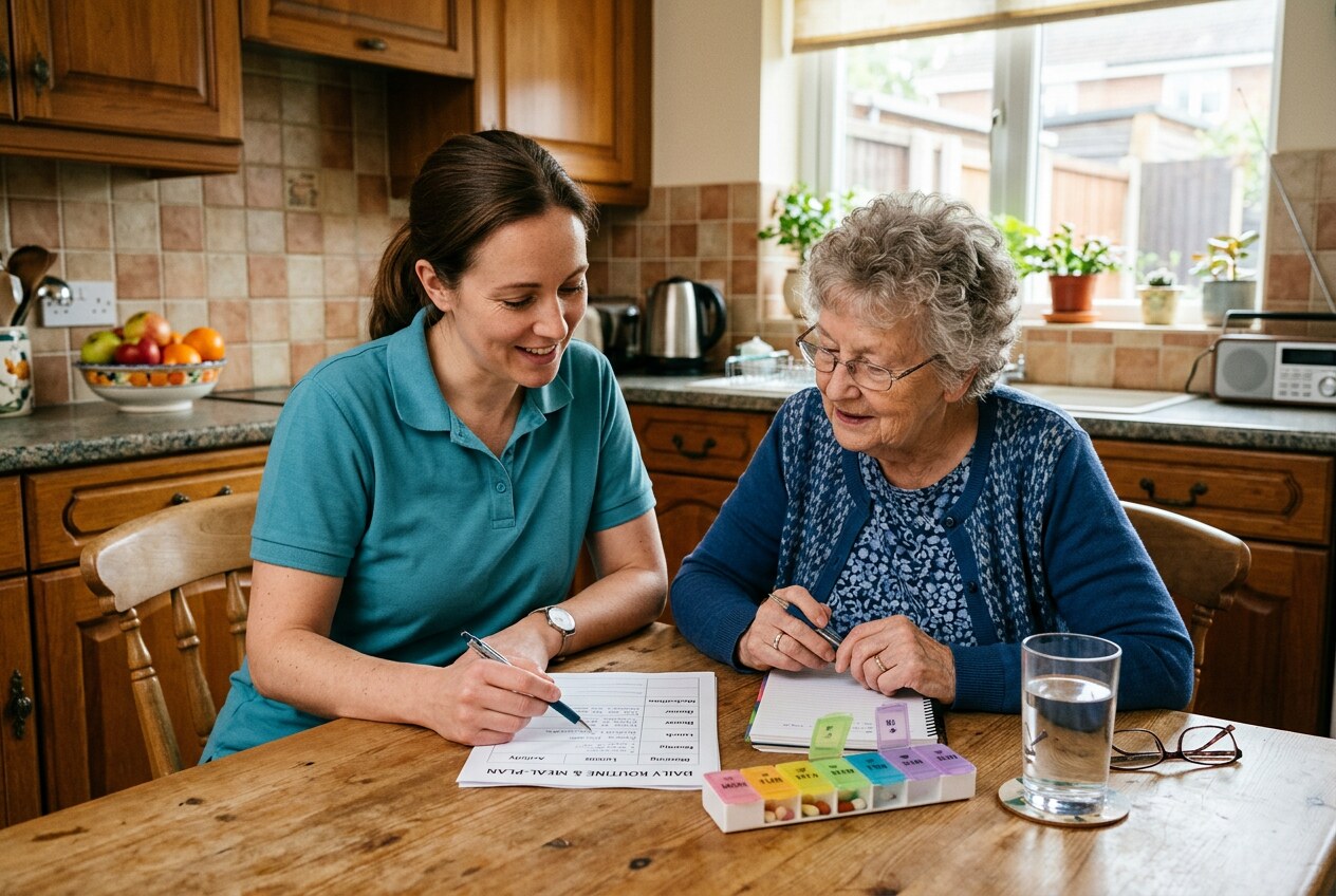 Caregiver in a teal polo reviewing a daily medication and meal plan with a senior woman at her kitchen table