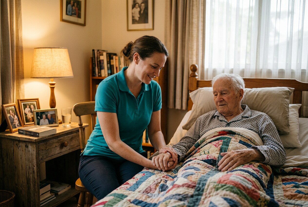 Caregiver in a teal polo sitting at the bedside of an elderly man at home, gently holding his hand in a softly lit bedroom