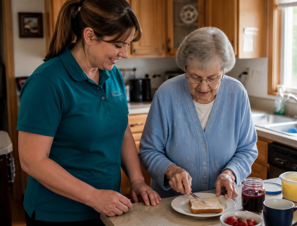 Care professional in a teal polo helping an older woman prepare breakfast in her Farmington Hills kitchen