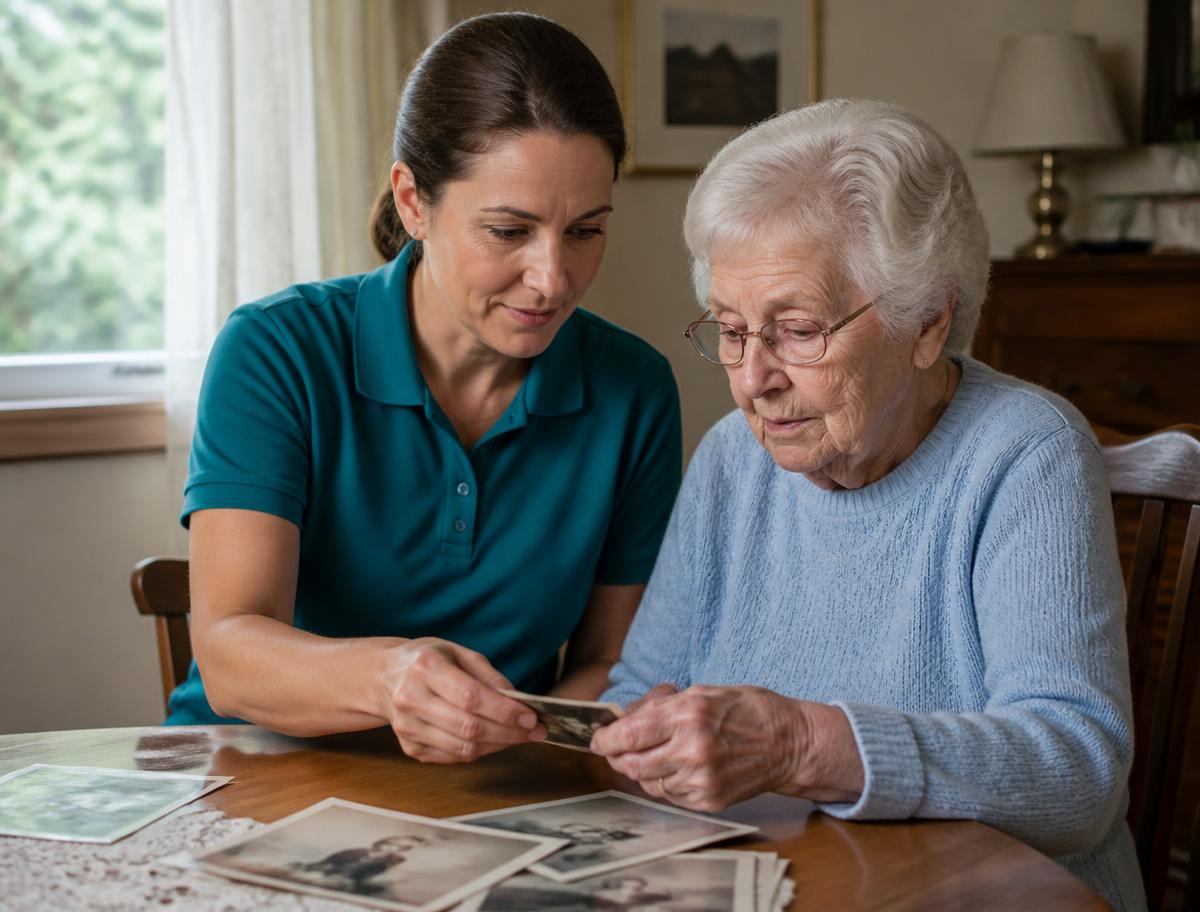 Care professional guiding an older woman through a familiar photo activity at her dining table