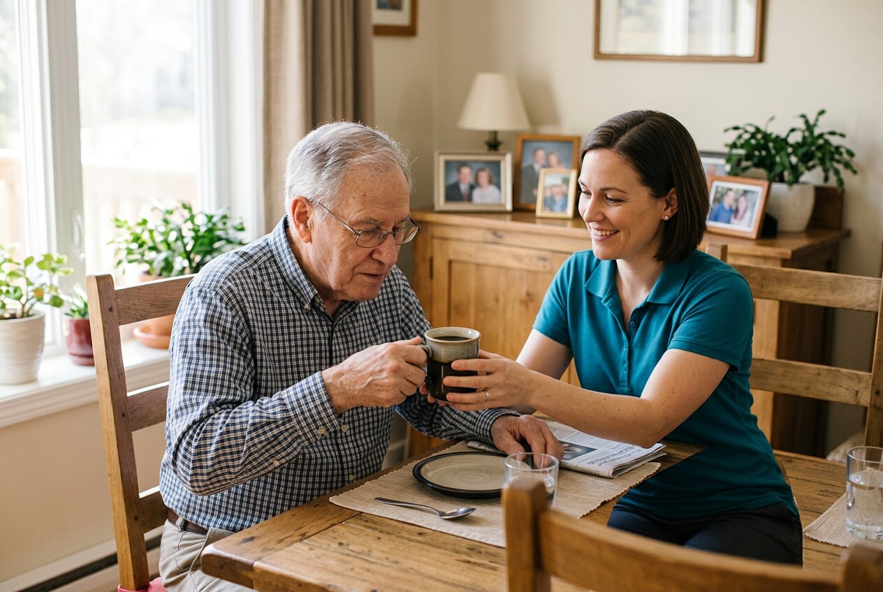 Caregiver in a teal polo steadying a senior man's coffee mug at his dining table at home