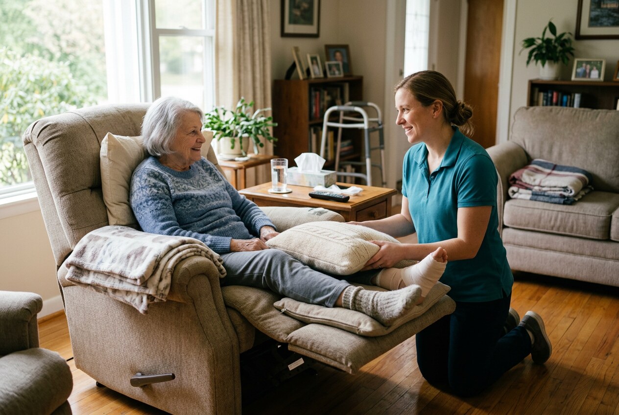 Caregiver in a teal polo gently elevating a senior woman's leg on a pillow in a recliner at home after surgery