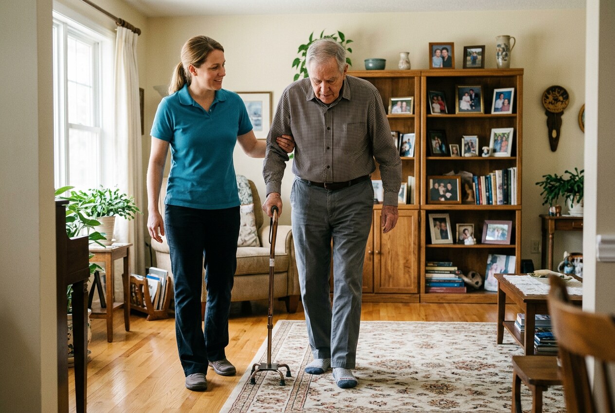 Caregiver in a teal polo helping a senior man recovering from a stroke walk with a quad cane in his sunlit living room