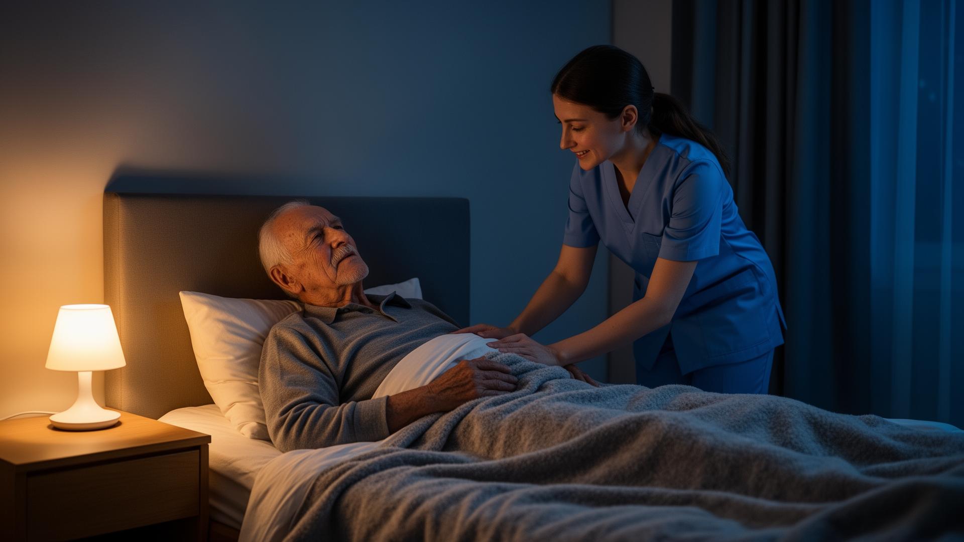 Live-in caregiver checking on elderly man during nighttime in Michigan home