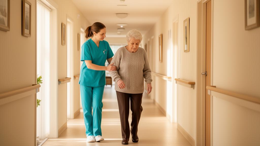 Professional caregiver in teal attire helping a senior walk safely through a hallway at home