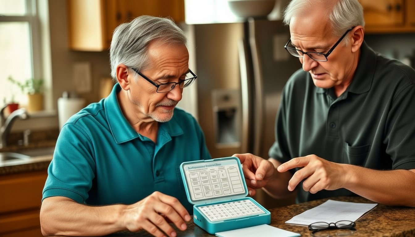 Caregiver helping senior organize daily routine items including medications and daily schedule