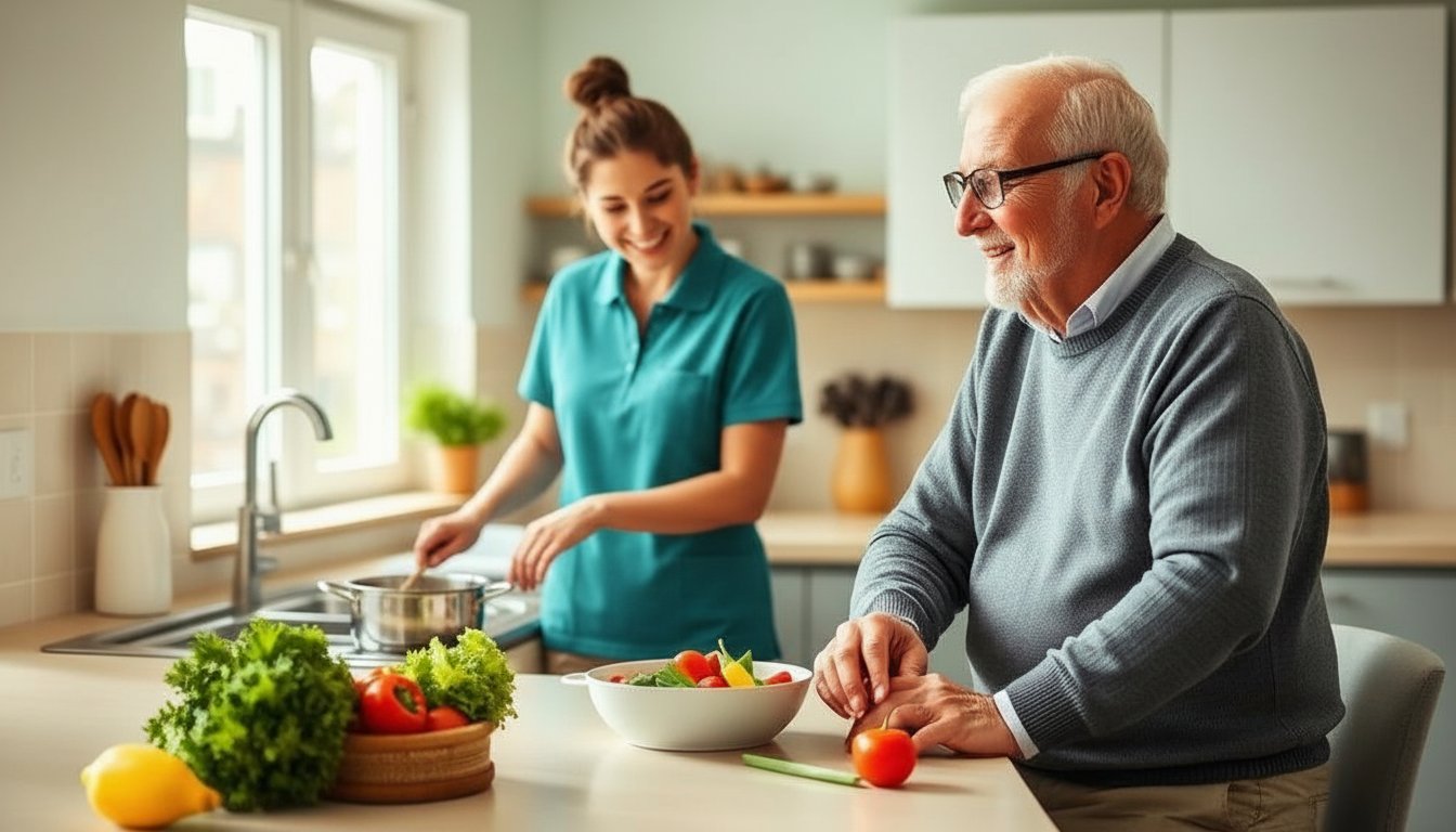 Companion caregiver preparing a meal with a senior in a Southeast Michigan home