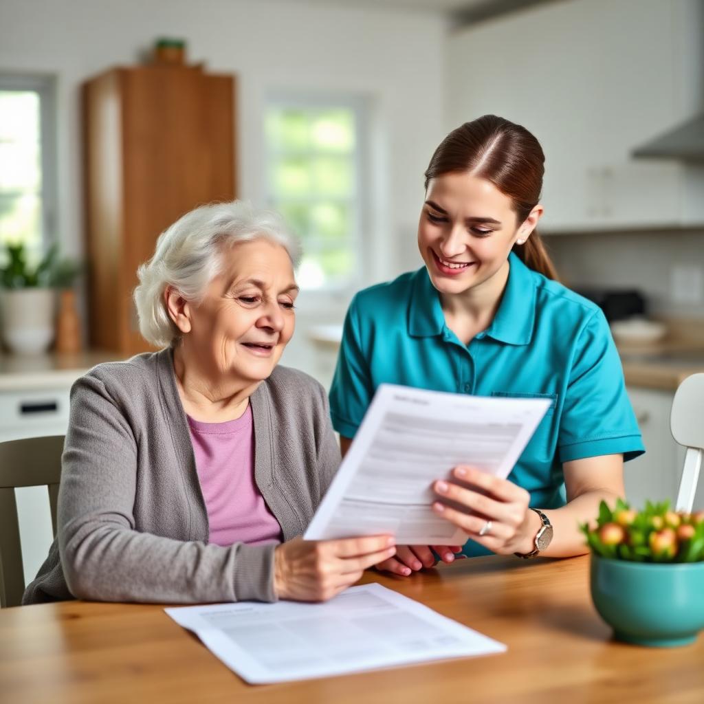 Caregiver and senior sitting together reviewing a care plan at the kitchen table