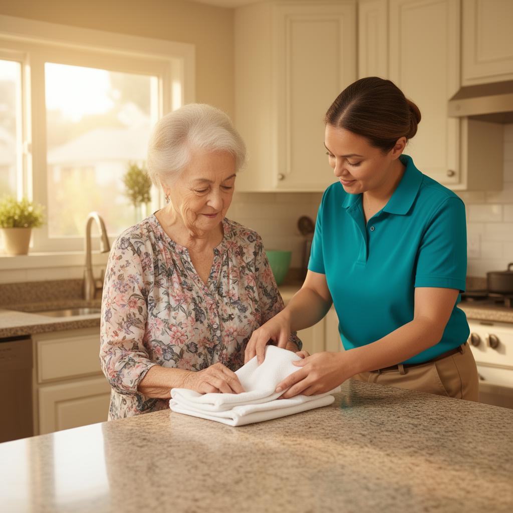 Caregiver in teal polo gently helping an elderly woman with early-stage dementia fold kitchen towels at a sunlit counter as part of her predictable morning routine