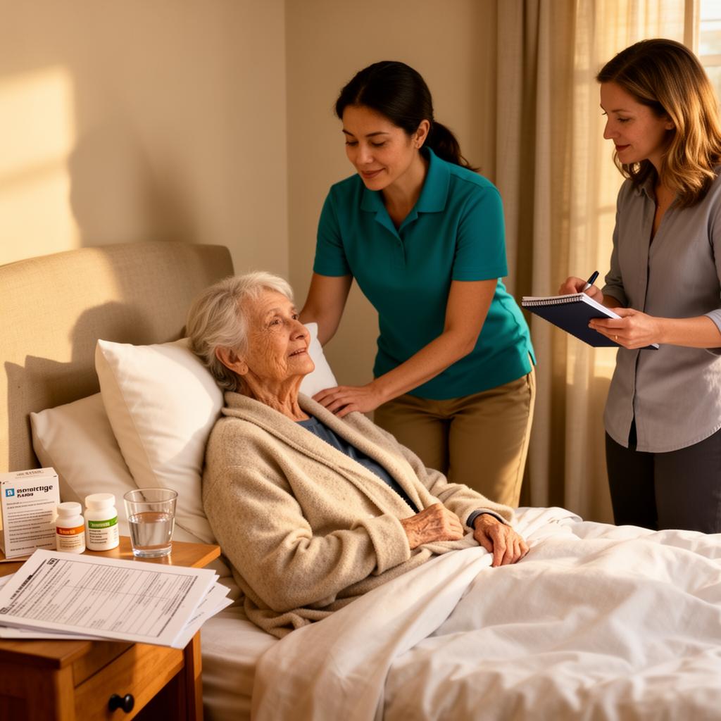 Caregiver in teal polo helping an elderly woman settle into her own residential bedroom after hospital discharge while her adult daughter takes notes