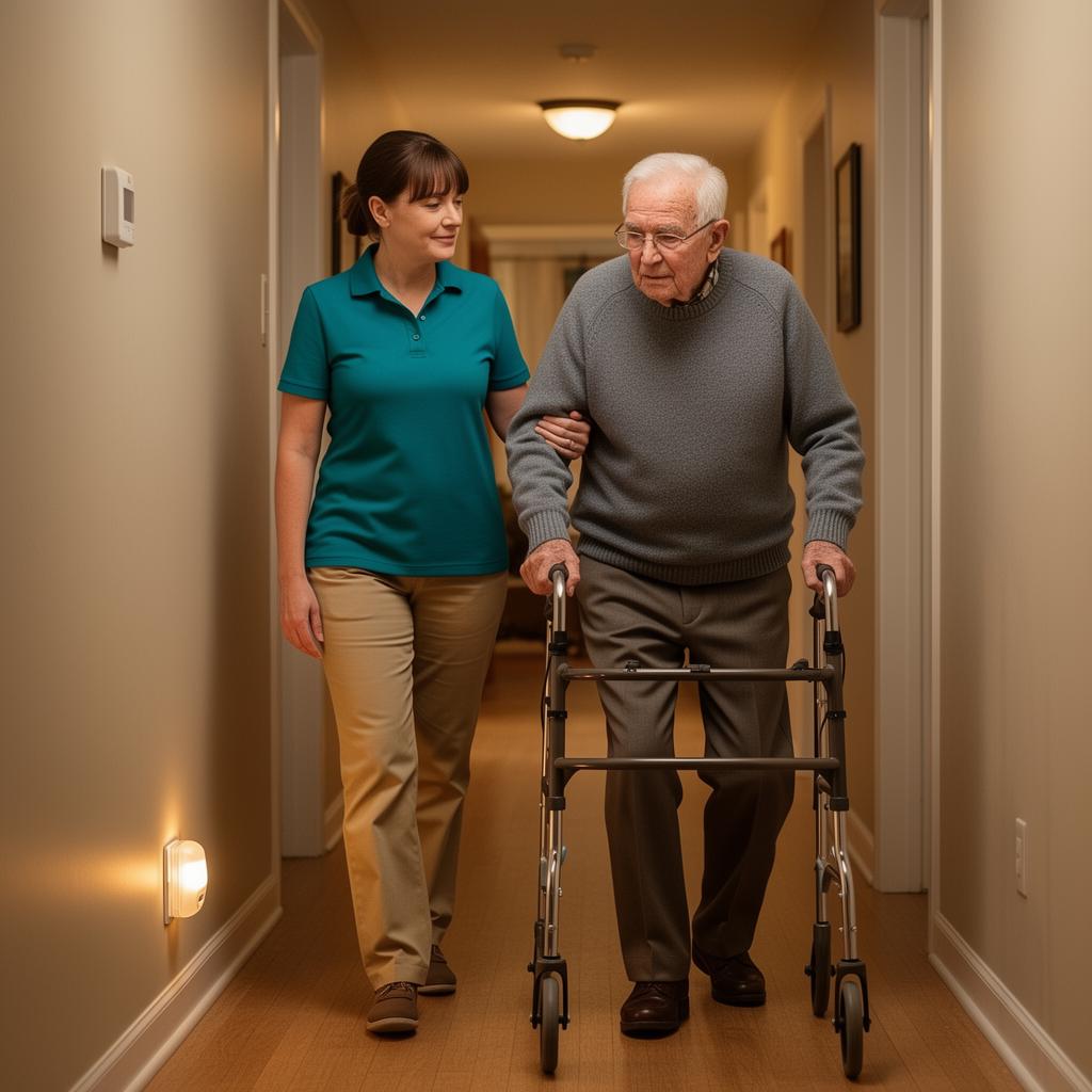 Caregiver in teal polo walking next to an elderly man using a four-wheel walker down a clutter-free residential hallway with a motion-sensor night light