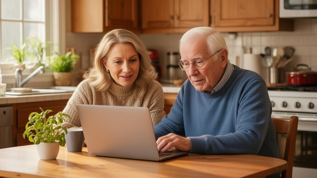Daughter and elderly father researching senior care options together on a laptop at the kitchen table