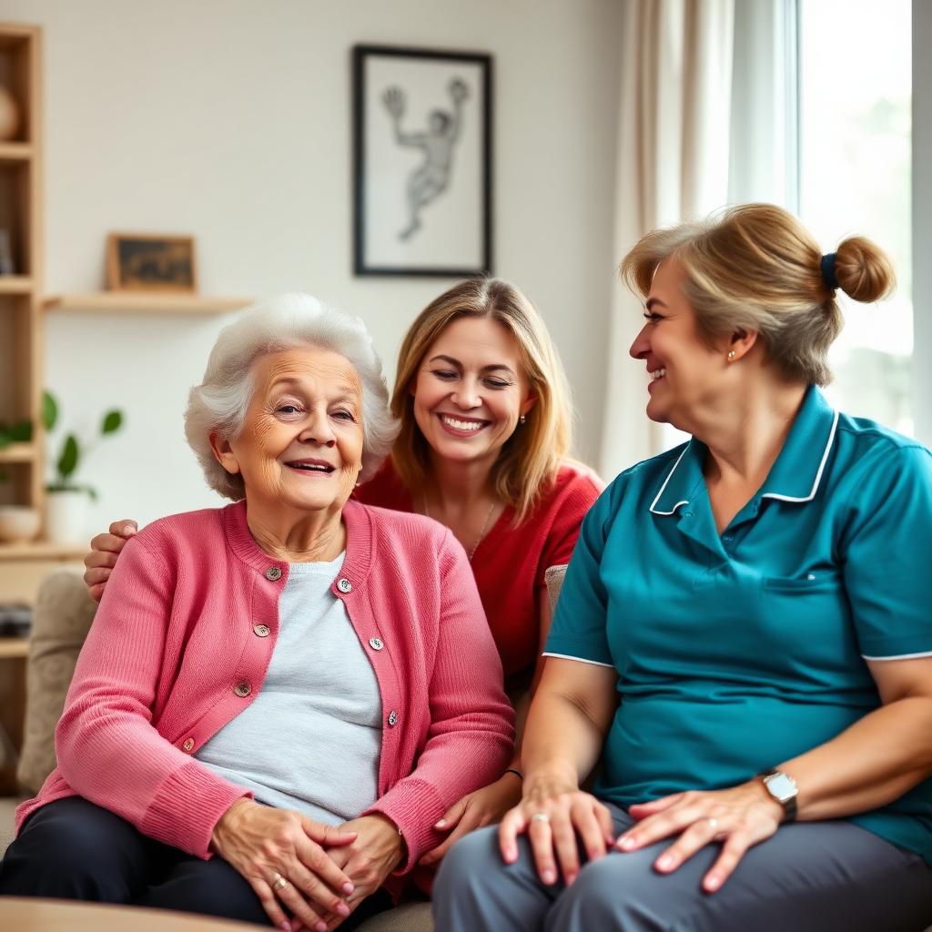 Family member, senior, and caregiver all smiling together in a warm living room
