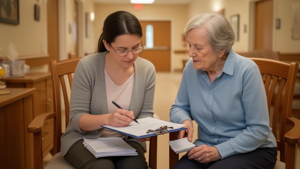 Family member reviewing credentials and paperwork while evaluating a senior care provider
