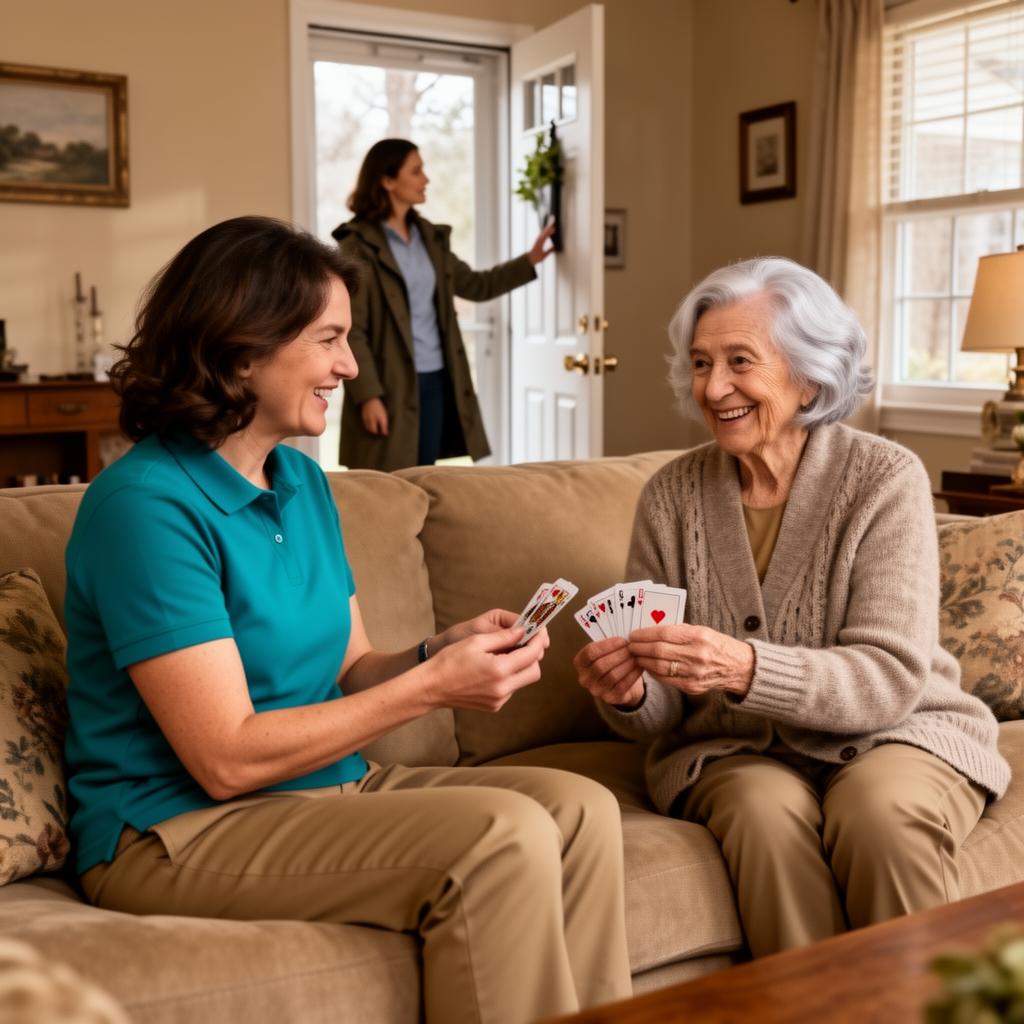 Caregiver in teal polo playing cards with an elderly woman on the couch as the family caregiver leaves for her scheduled respite break