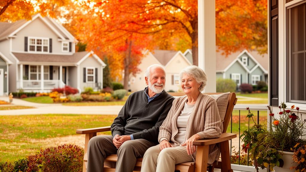 Senior couple sitting on their porch in a Michigan suburban neighborhood, enjoying independence at home