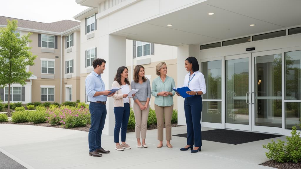 Family touring a senior care facility entrance while speaking with the administrator