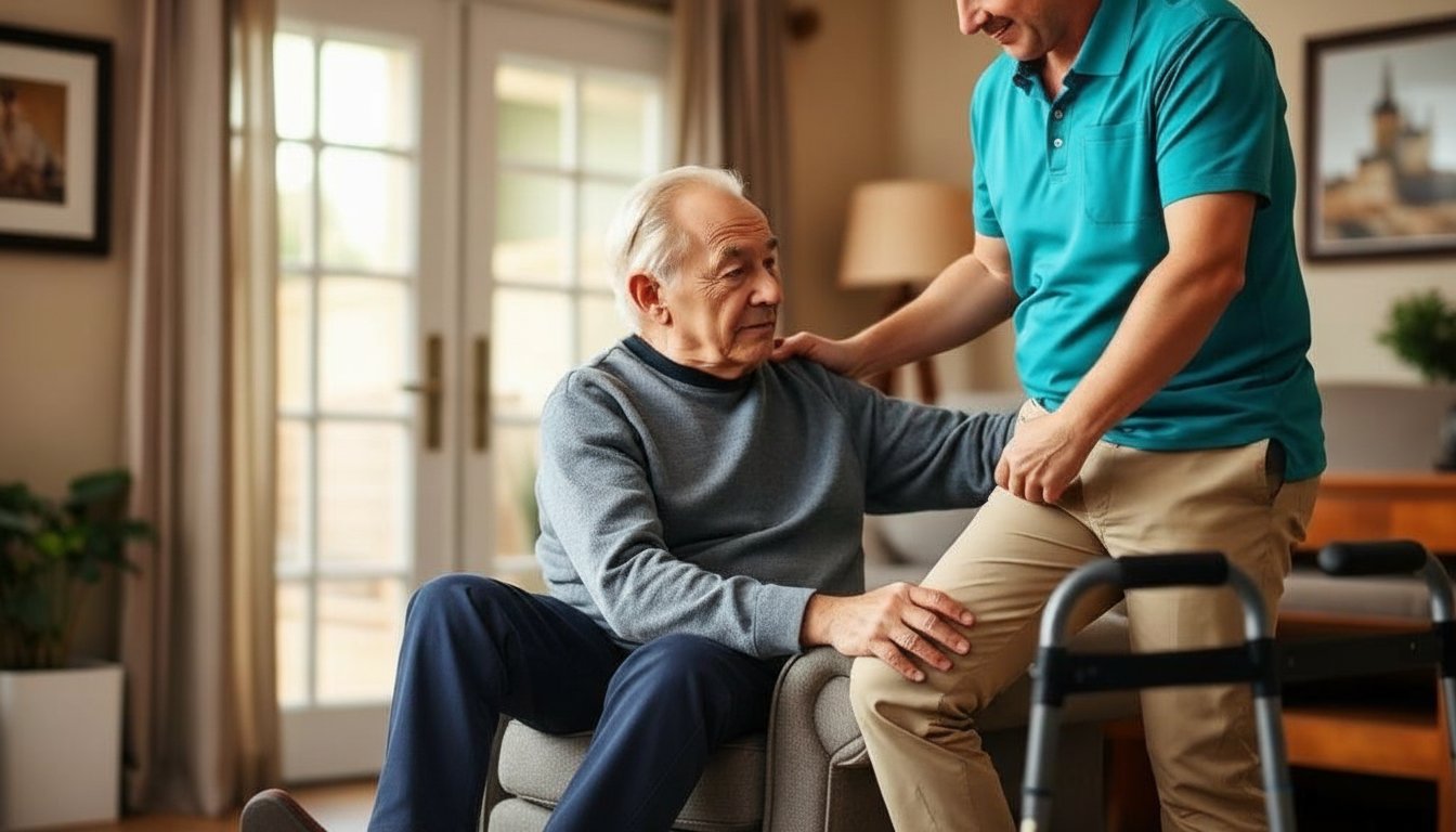 Trained caregiver assisting a senior with a safe transfer in Southeast Michigan
