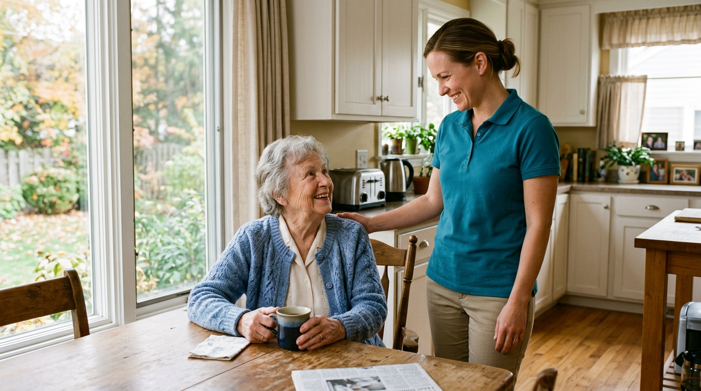 An Affordable Home Care caregiver in a teal polo greeting an older adult at the front door of a Southeast Michigan home