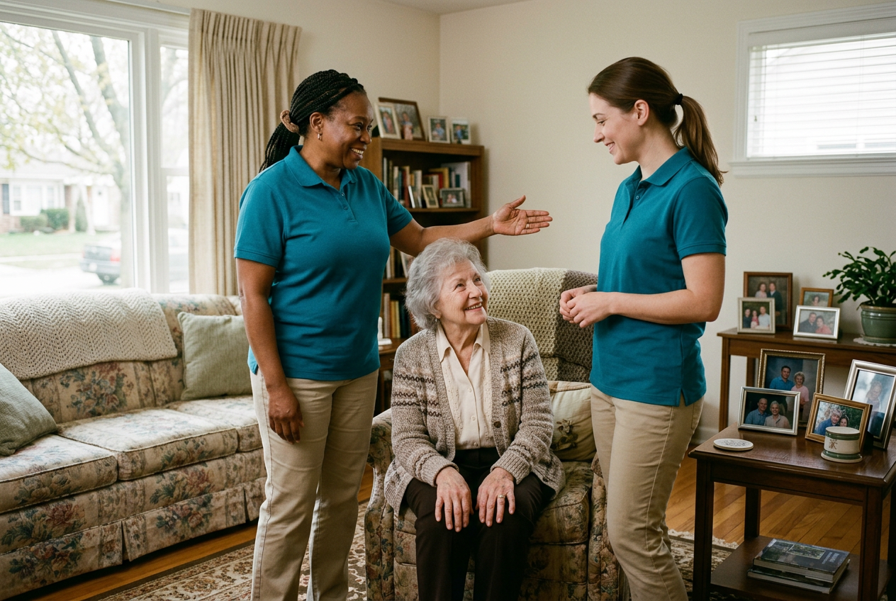An experienced Care Pro Lead in a teal polo introducing the ongoing caregiver to an older adult client at home — a Warm Handoff in progress