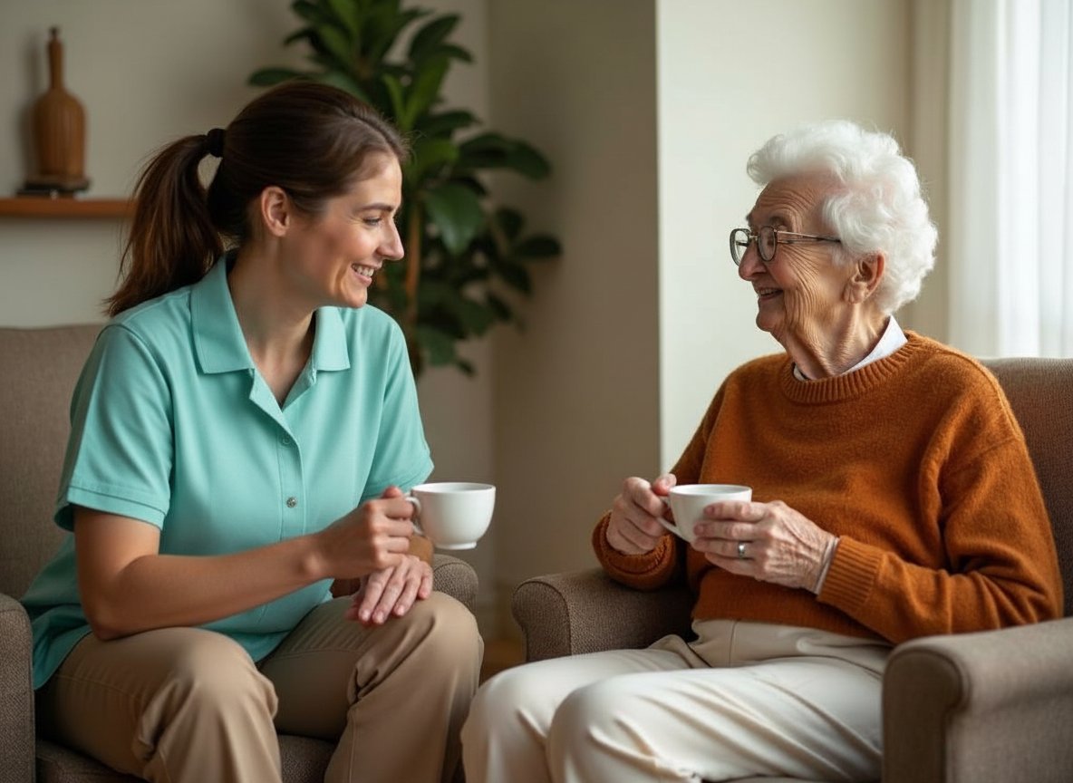 Professional caregiver sharing warm conversation and tea with elderly senior in cozy autumn Michigan living room