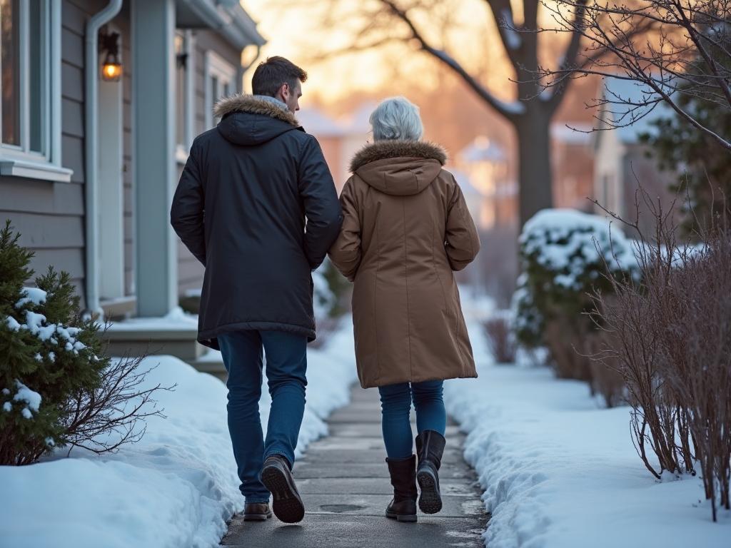 Professional caregiver helping elderly senior walk safely on icy winter walkway in Michigan
