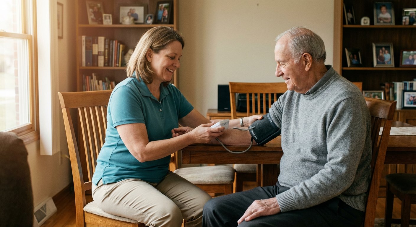 Professional caregiver monitoring blood pressure of elderly senior for heart health in Michigan home