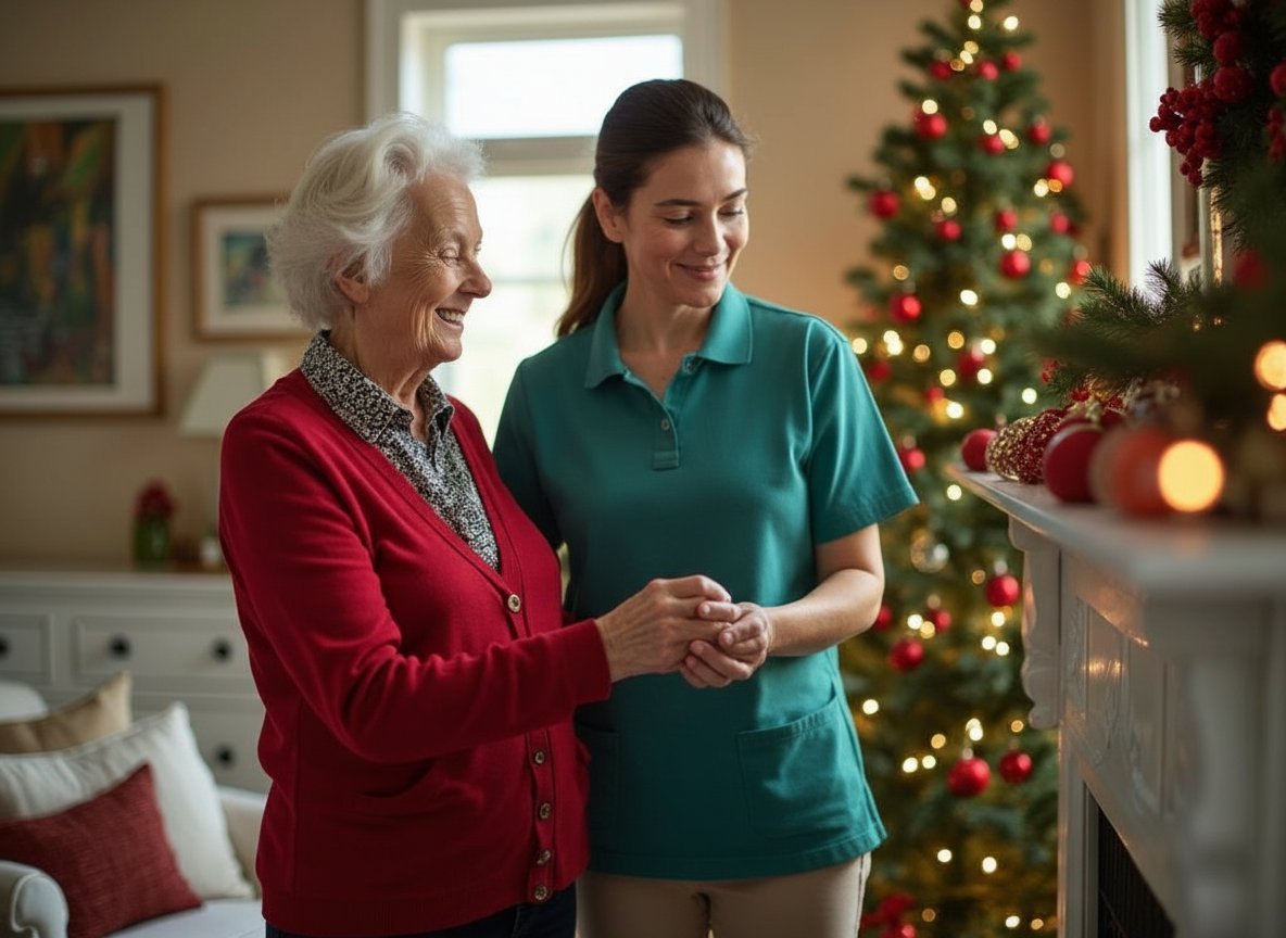 Professional caregiver helping elderly senior decorate Christmas tree together in warm Michigan living room