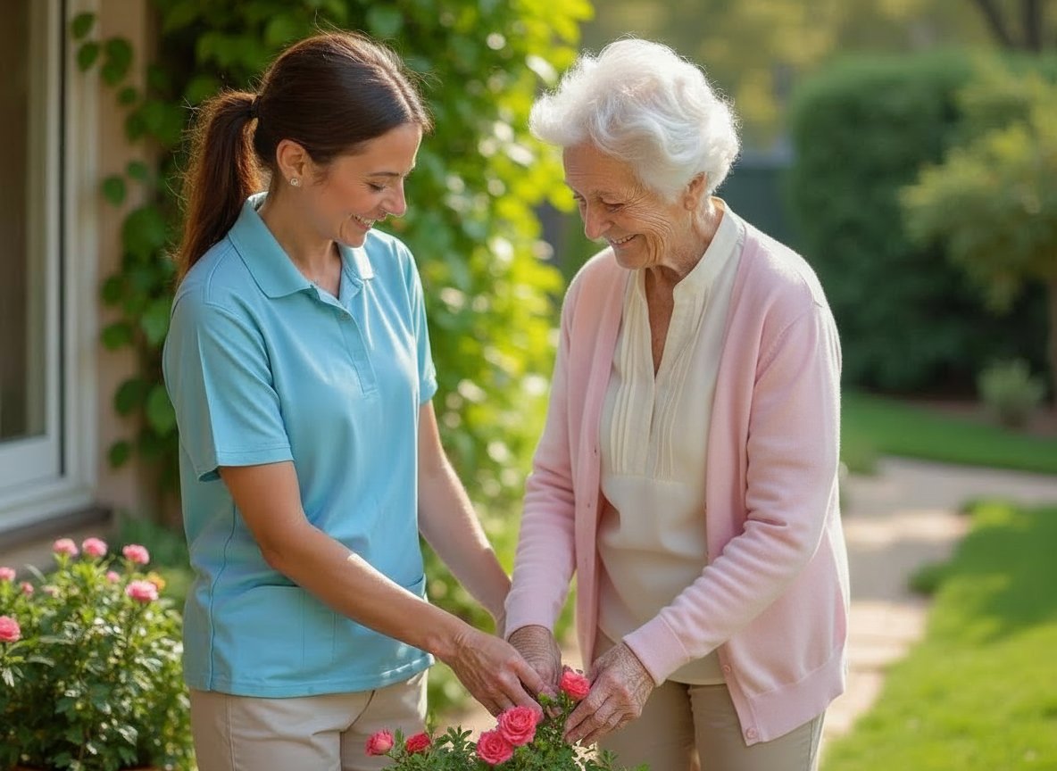 Professional caregiver helping elderly senior enjoy gardening and maintain independence at Michigan home
