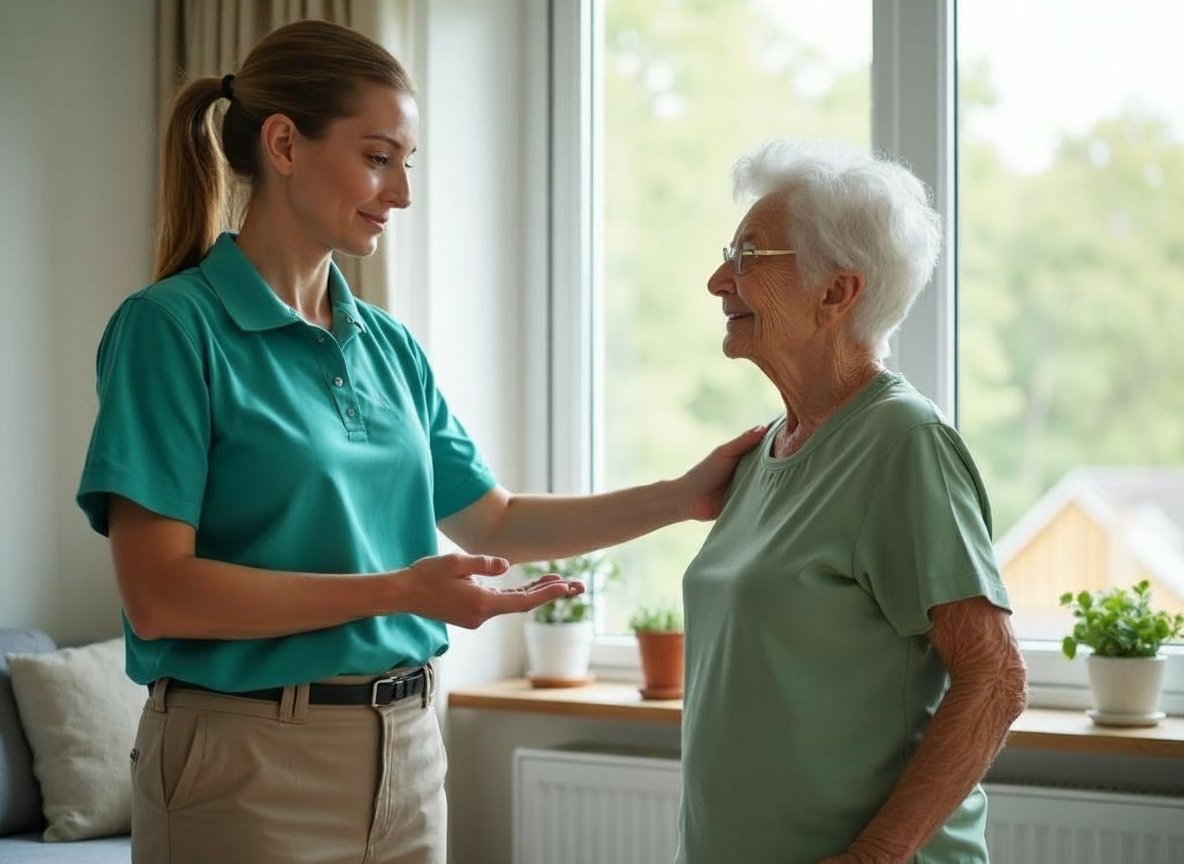 Professional caregiver helping elderly senior with fresh air and lung health in bright Michigan living room
