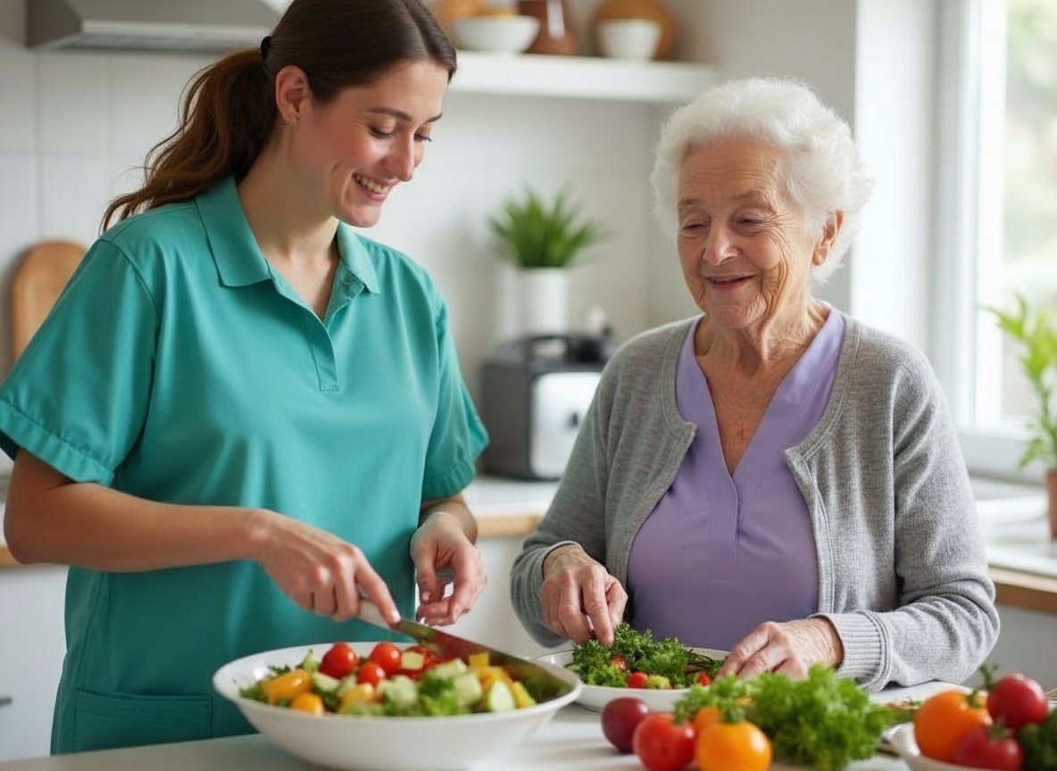 Professional caregiver preparing a healthy nutritious meal with fresh vegetables for elderly senior in Michigan kitchen