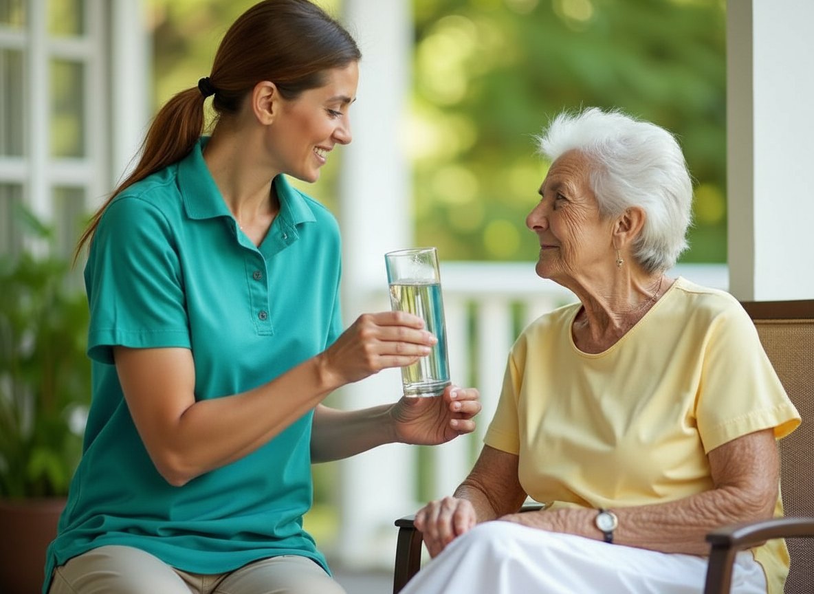 Professional caregiver offering refreshing cold water to elderly senior during hot Michigan summer day