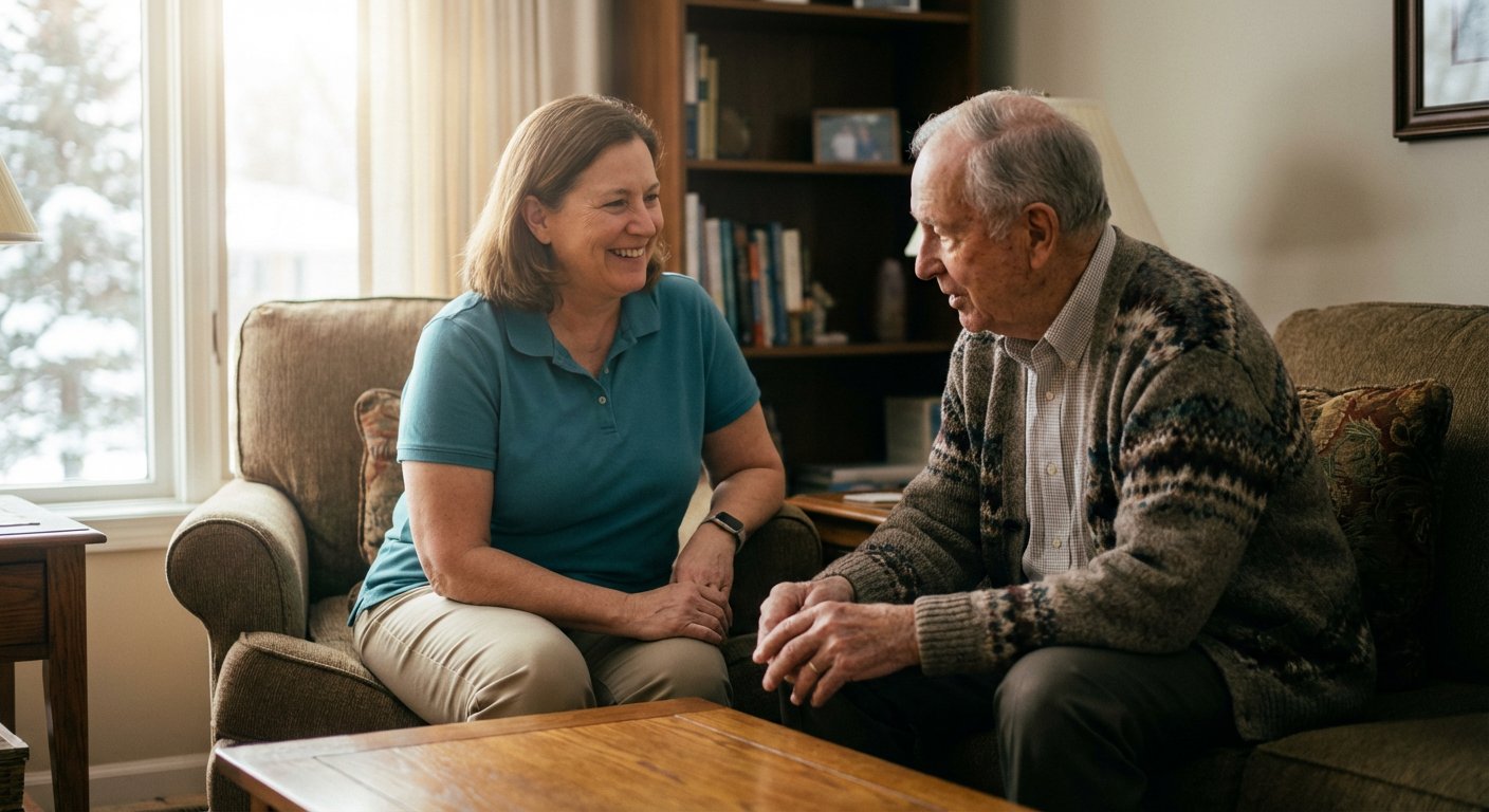 Professional caregiver helping elderly senior organize medications and prepare for wellness checkup in Michigan home