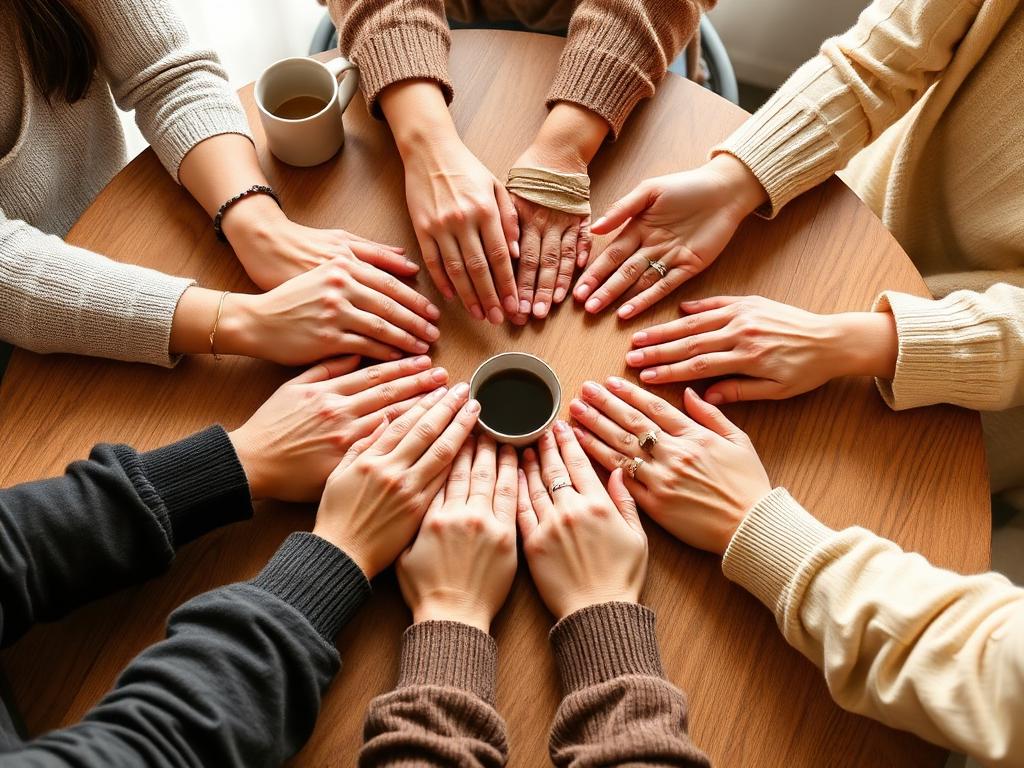 Caregiver support group hands joined together representing community and solidarity