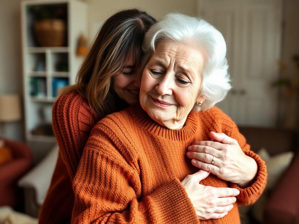 Family members embracing and supporting each other through caregiving journey