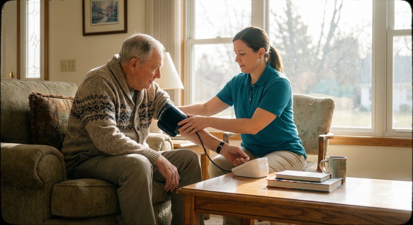 Blood pressure monitor showing healthy cardiovascular readings for senior heart health management