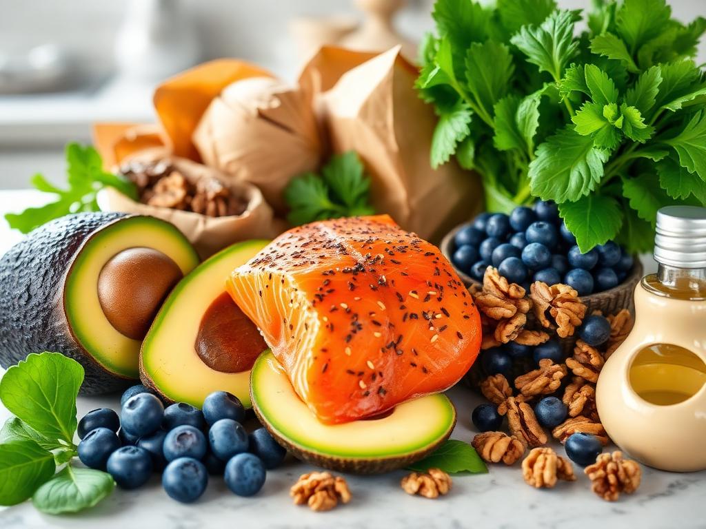 Heart-healthy foods including fresh fruits vegetables and whole grains for senior cardiovascular nutrition
