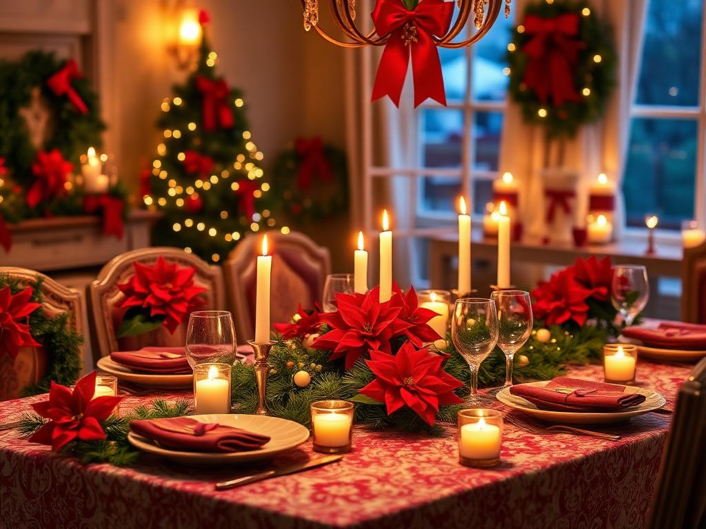 Beautiful holiday table setting with festive decorations for senior family gathering