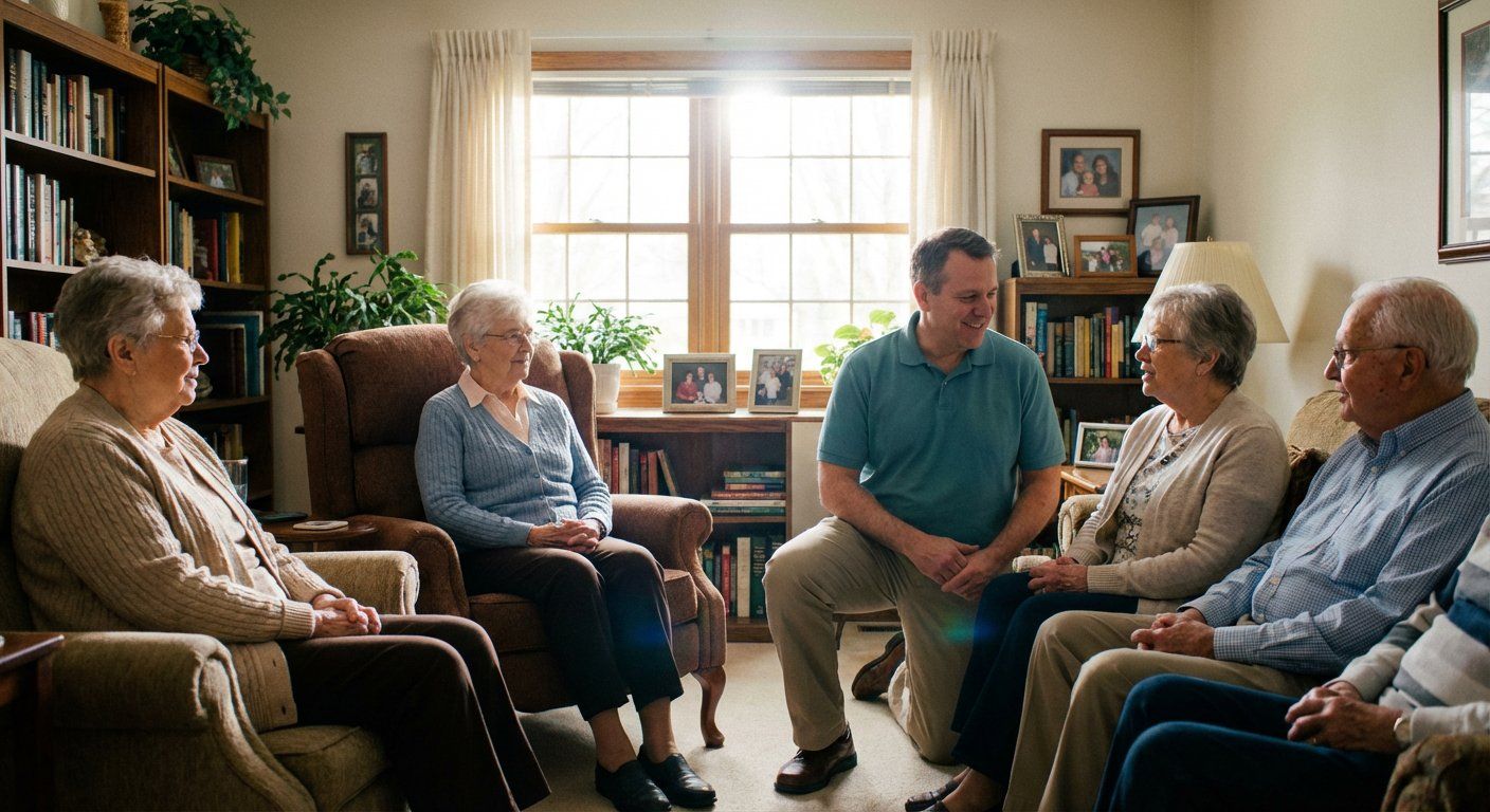 Senior in doctor waiting room preparing for wellness checkup appointment