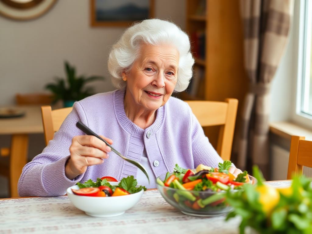 Elderly senior enjoying a nutritious healthy meal at home with proper portion sizes