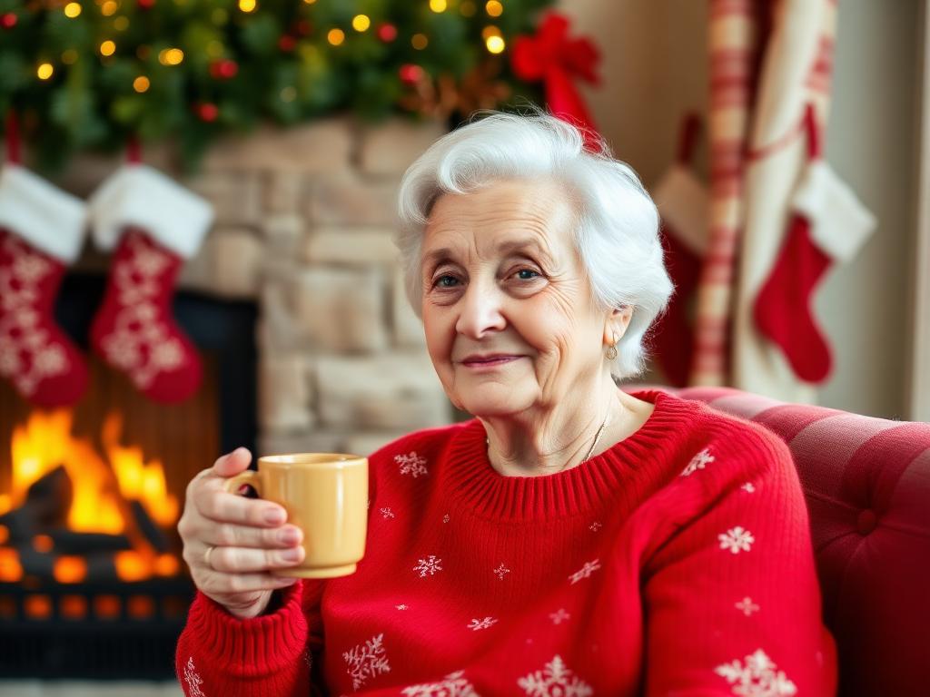 Senior enjoying cozy holiday comfort by the fireplace with warm blanket