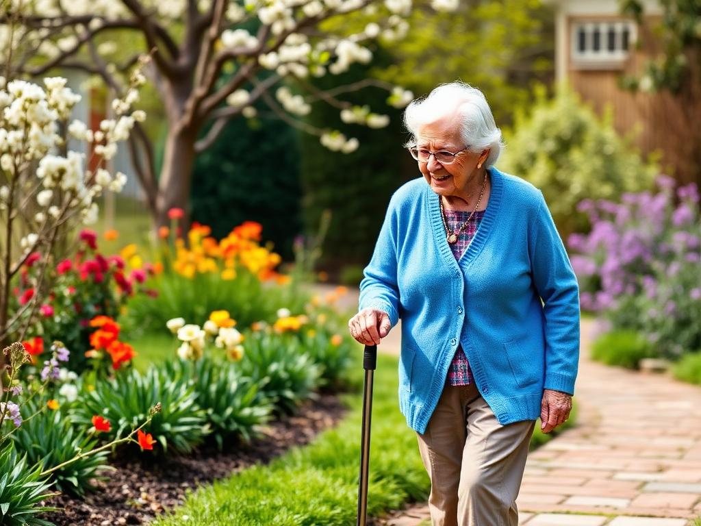 Independent senior walking through garden enjoying autonomy and outdoor activity