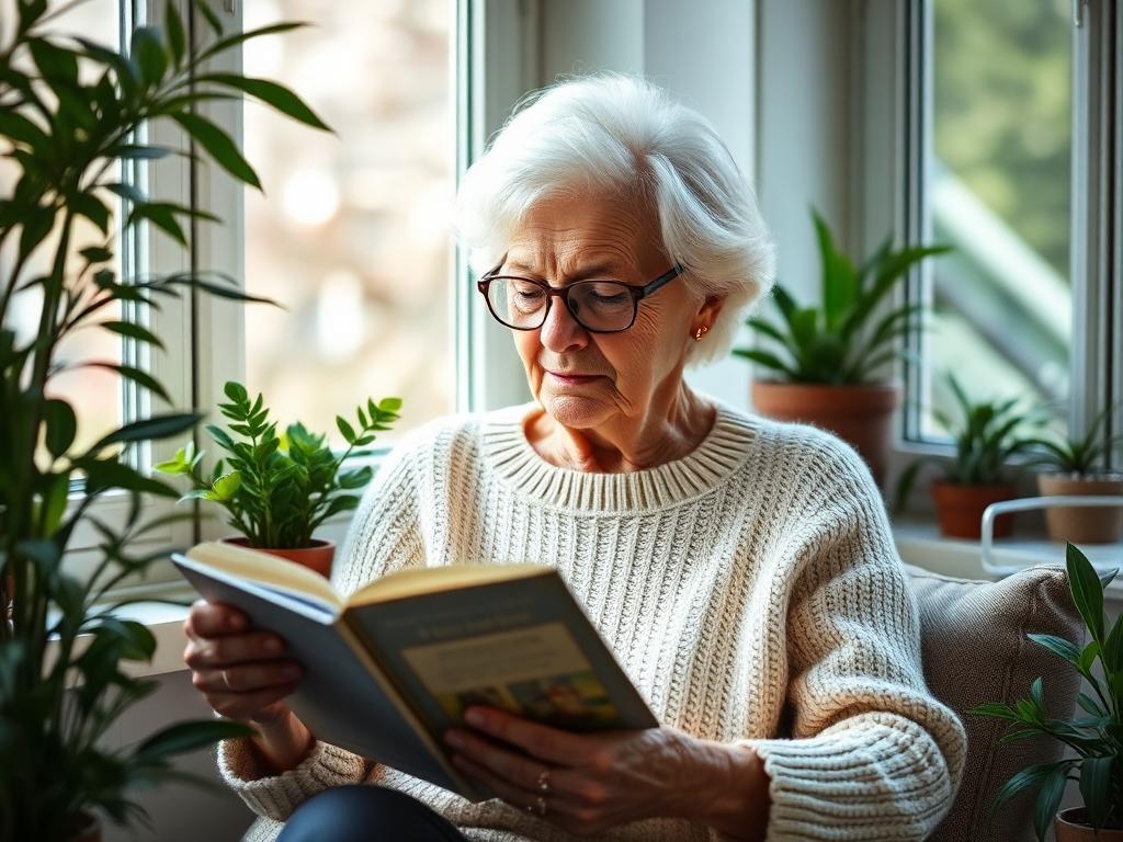 Senior reading and enjoying independent lifestyle activities at home