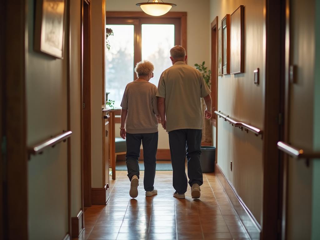 Senior walking safely indoors with caregiver assistance and grab bars visible