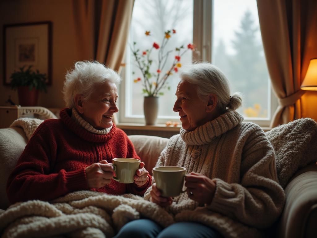 Elderly seniors enjoying warm companionship with tea during winter at home