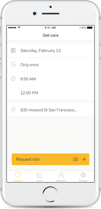 Mobile phone screen displaying a family app interface for monitoring in-home senior care services.